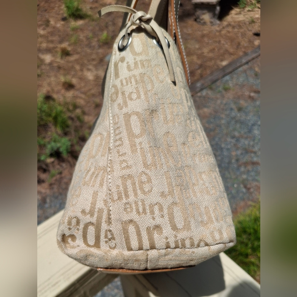 Prune Logo Print Soft Cream/Tan Canvas & Tan Leather Trim Shoulder Bag - Picture 7 of 15